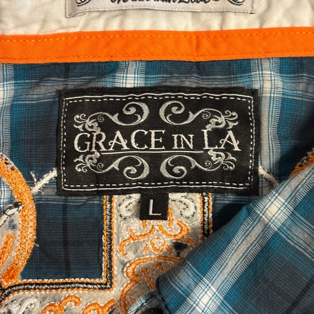 Grace in LA Embroidered Western Plaid Shirt Teal Orange Snap Button Large - Picture 2 of 9